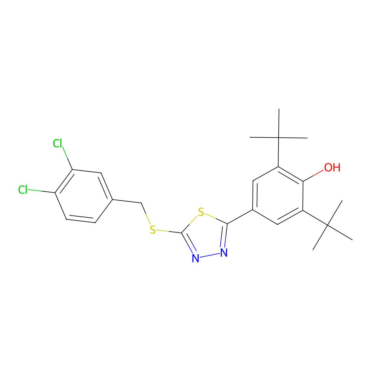 2,6-Di(tert-butyl)-4-{5-[(3,4-dichlorobenzyl)sulfanyl]-1,3,4-thiadiazol-2-yl}benzenol molecular structure, CAS 478063-38-6