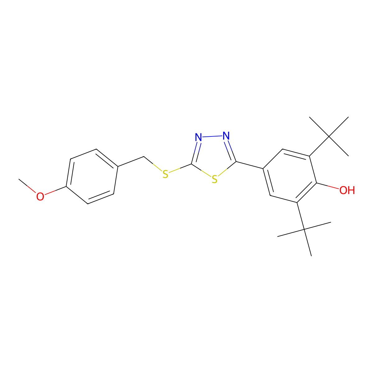 2,6-Di(tert-butyl)-4-{5-[(4-methoxybenzyl)sulfanyl]-1,3,4-thiadiazol-2-yl}benzenol molecular structure, CAS 478063-43-3