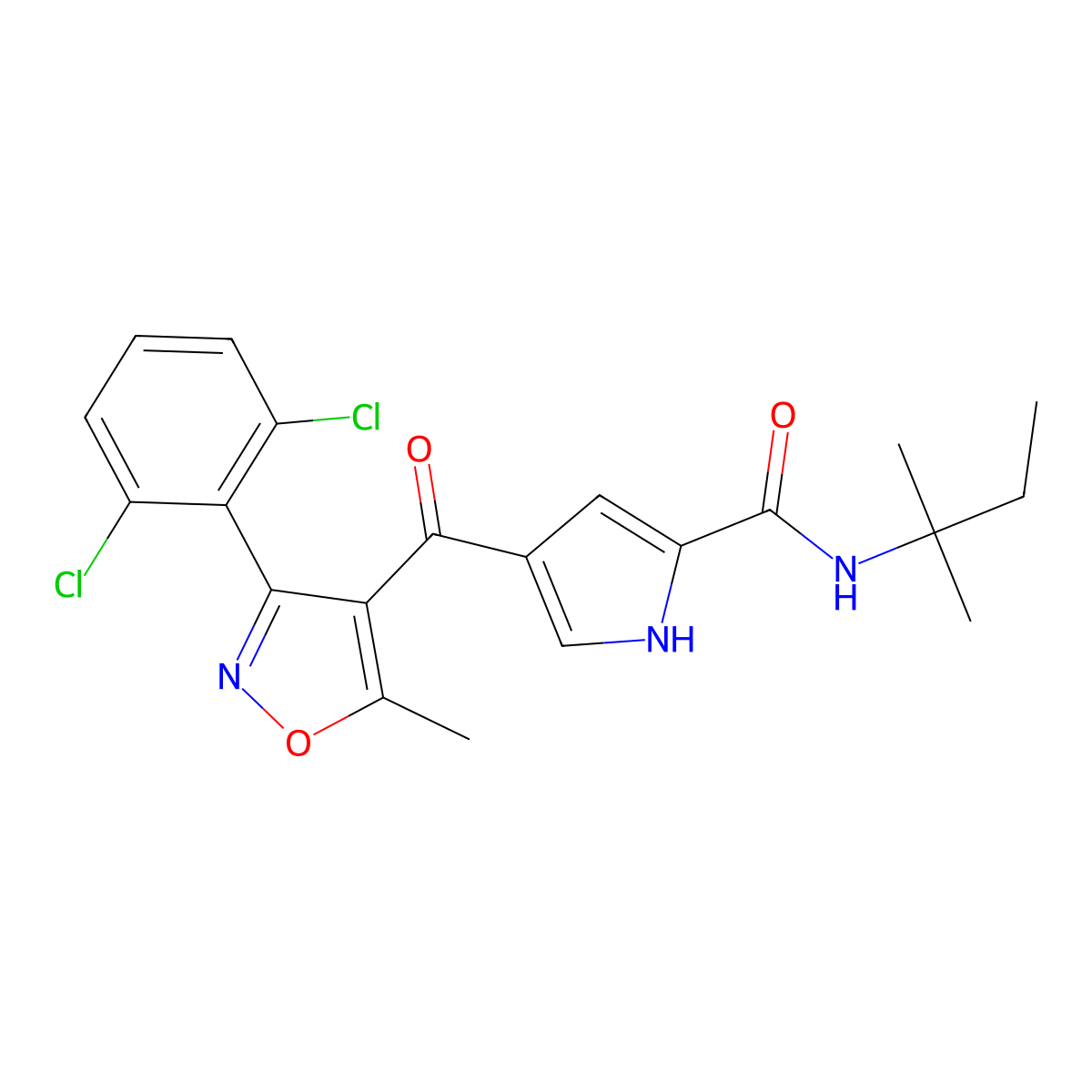 4-[3-(2,6-dichlorophenyl)-5-methyl-1,2-oxazole-4-carbonyl]-N-(2-methylbutan-2-yl)-1H-pyrrole-2-carboxamide molecular structure, CAS 478064-56-1