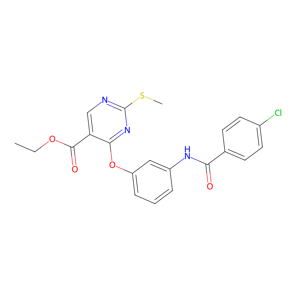Ethyl 4-{3-[(4-chlorobenzoyl)amino]phenoxy}-2-(methylsulfanyl)-5-pyrimidinecarboxylate molecular structure, CAS 478065-04-2