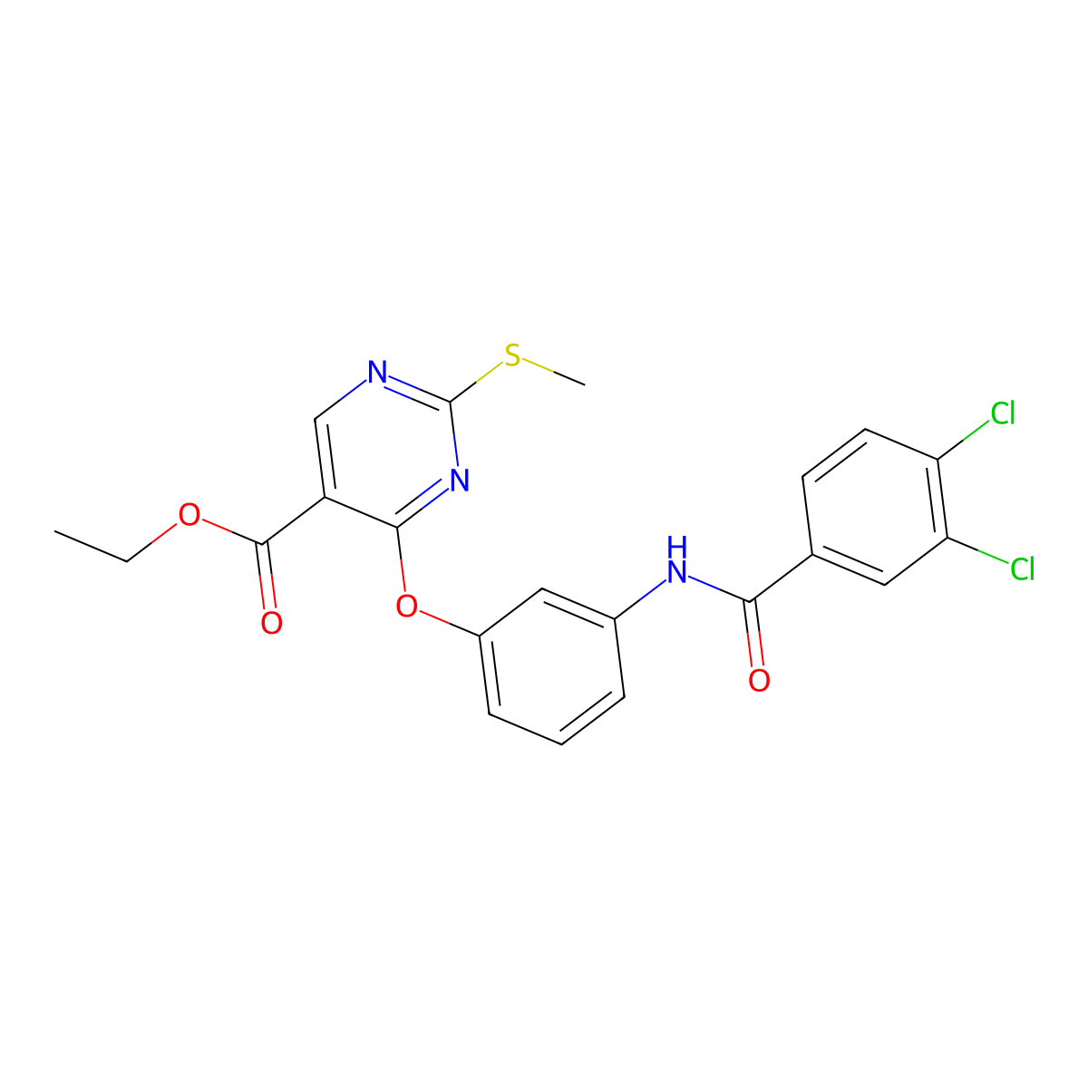 Ethyl 4-{3-[(3,4-dichlorobenzoyl)amino]phenoxy}-2-(methylsulfanyl)-5-pyrimidinecarboxylate molecular structure, CAS 478065-06-4