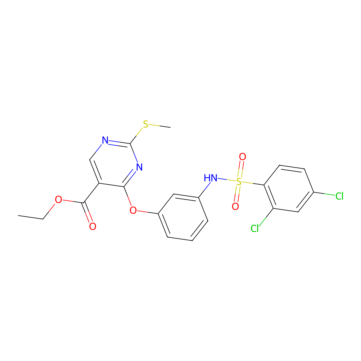 Ethyl 4-(3-{[(2,4-dichlorophenyl)sulfonyl]amino}phenoxy)-2-(methylsulfanyl)-5-pyrimidinecarboxylate molecular structure, CAS 478065-36-0