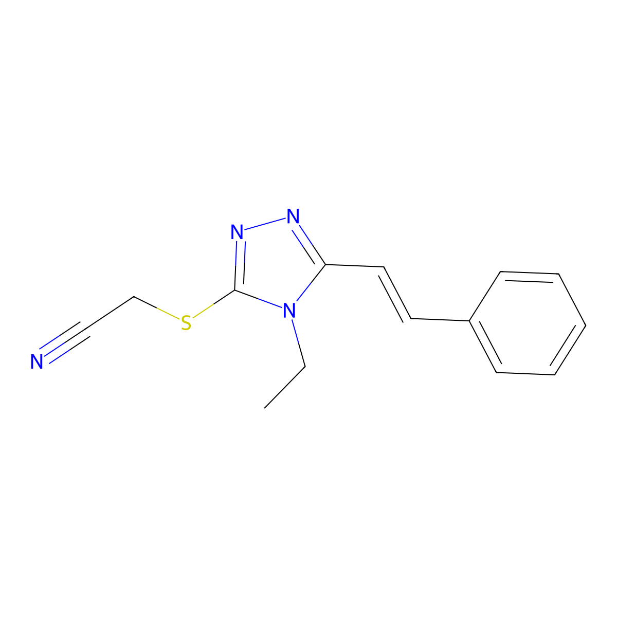 2-({4-ethyl-5-[(E)-2-phenylethenyl]-4H-1,2,4-triazol-3-yl}sulfanyl)acetonitrile molecular structure, CAS 478065-57-5