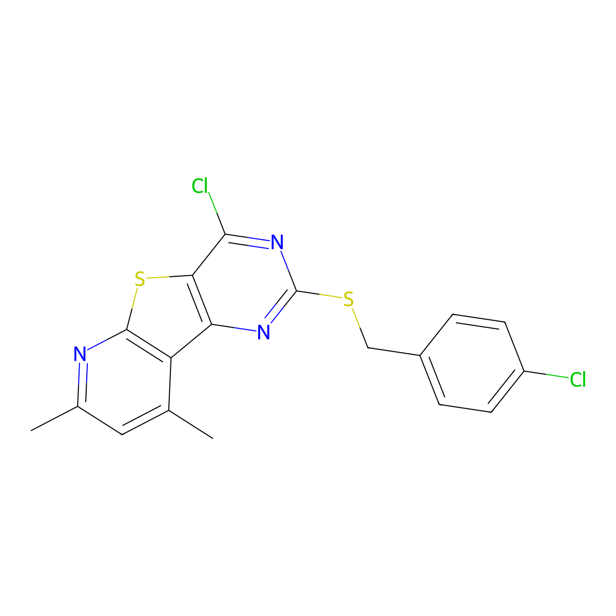 4-Chloro-2-[(4-chlorobenzyl)sulfanyl]-7,9-dimethylpyrido[3',2':4,5]thieno[3,2-d]pyrimidine molecular structure, CAS 478065-65-5