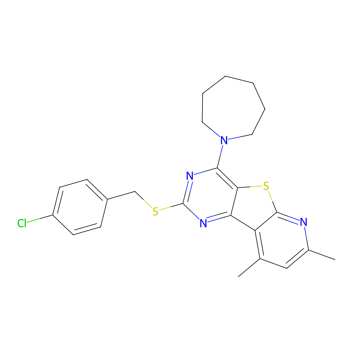 4-(1-Azepanyl)-2-[(4-chlorobenzyl)sulfanyl]-7,9-dimethylpyrido[3',2':4,5]thieno[3,2-d]pyrimidine molecular structure, CAS 478065-77-9
