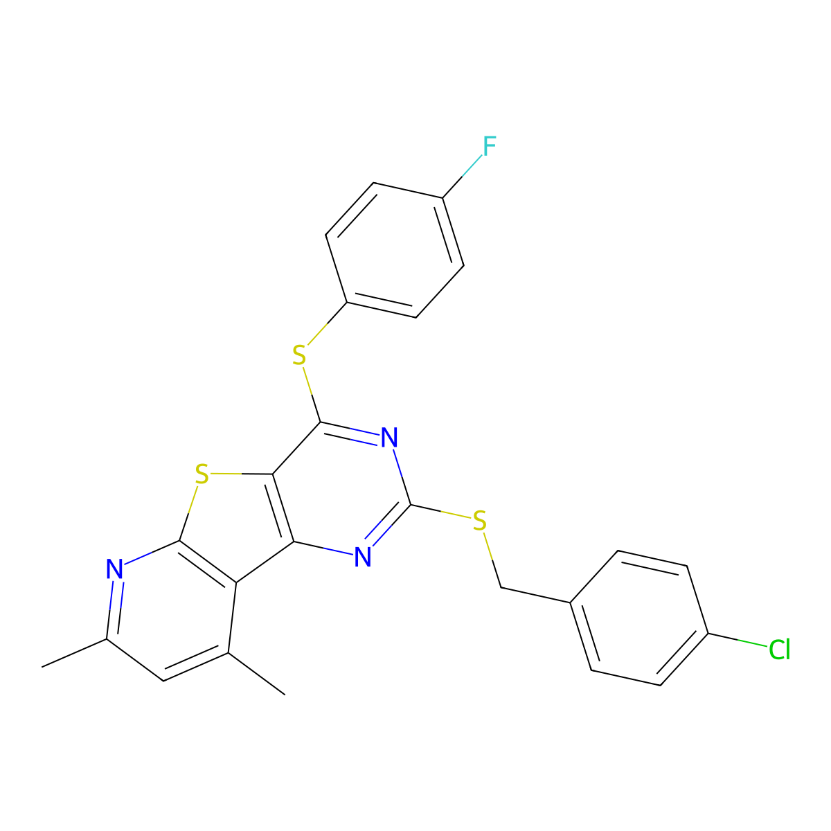 4-Chlorobenzyl 4-[(4-fluorophenyl)sulfanyl]-7,9-dimethylpyrido[3',2':4,5]thieno[3,2-d]pyrimidin-2-yl sulfide molecular structure, CAS 478065-78-0
