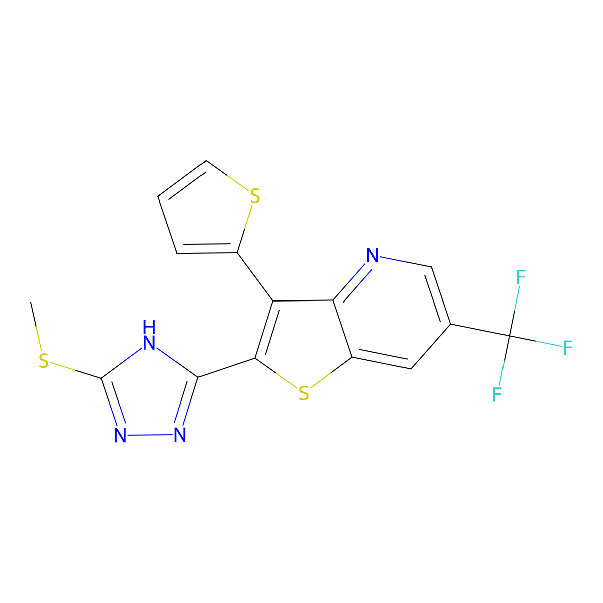 methyl 5-[3-(2-thienyl)-6-(trifluoromethyl)thieno[3,2-b]pyridin-2-yl]-4H-1,2,4-triazol-3-yl sulfide molecular structure, CAS 478066-09-0