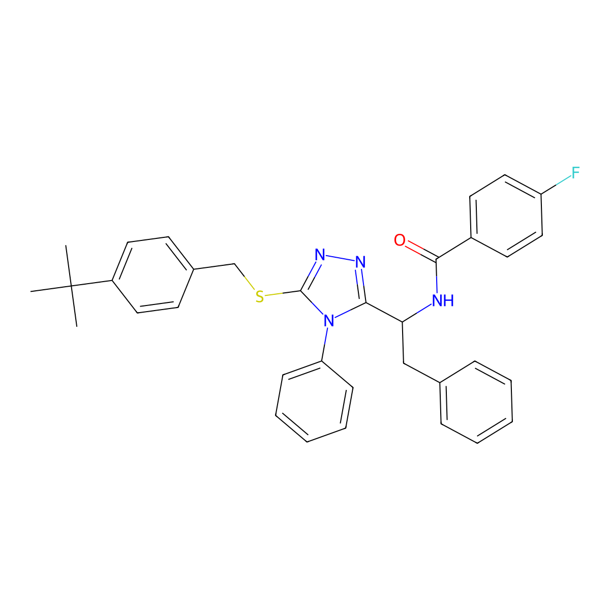 N-[1-(5-{[4-(tert-butyl)benzyl]sulfanyl}-4-phenyl-4H-1,2,4-triazol-3-yl)-2-phenylethyl]-4-fluorobenzenecarboxamide molecular structure, CAS 478066-93-2