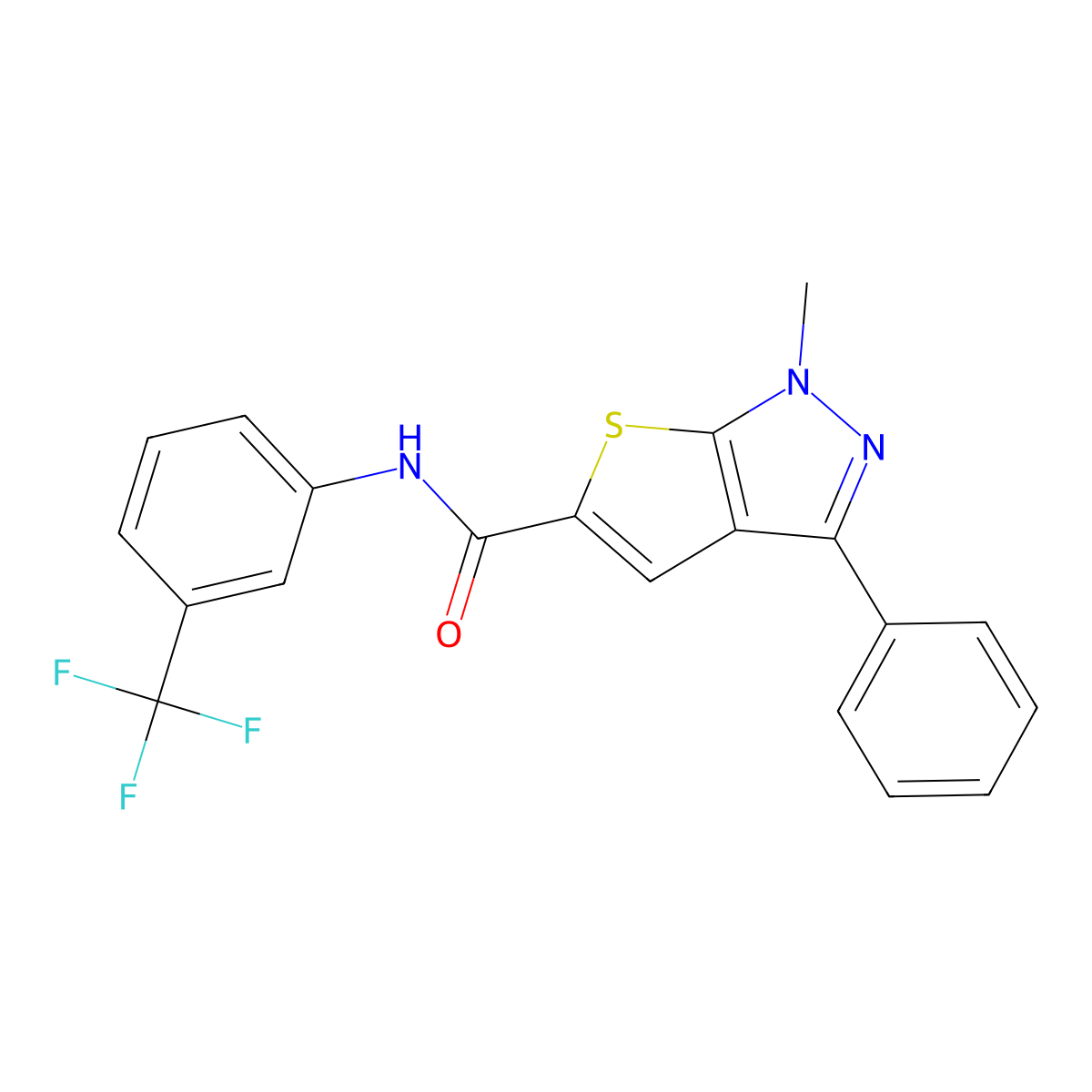 1-methyl-3-phenyl-N-[3-(trifluoromethyl)phenyl]-1H-thieno[2,3-c]pyrazole-5-carboxamide molecular structure, CAS 478066-99-8