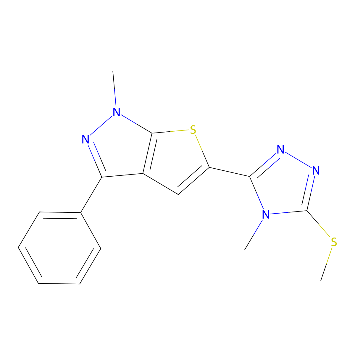 1-methyl-5-[4-methyl-5-(methylsulfanyl)-4H-1,2,4-triazol-3-yl]-3-phenyl-1H-thieno[2,3-c]pyrazole molecular structure, CAS 478067-05-9