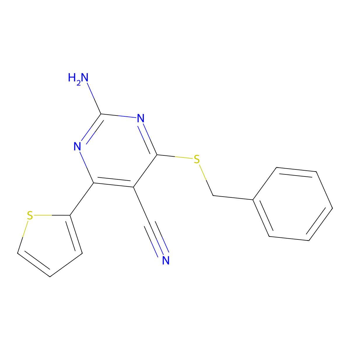 2-Amino-4-(benzylsulfanyl)-6-(2-thienyl)-5-pyrimidinecarbonitrile molecular structure, CAS 478067-09-3