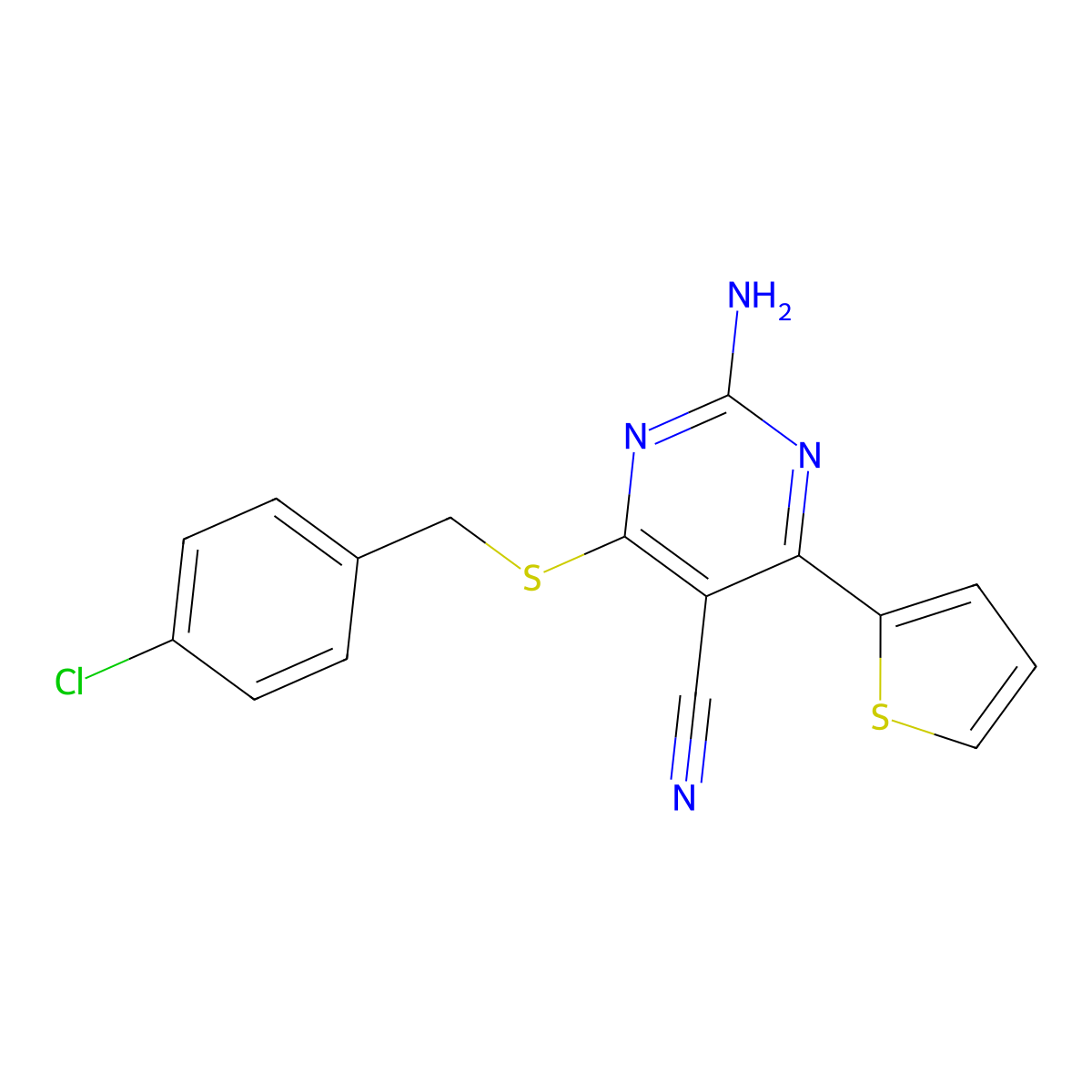 2-Amino-4-[(4-chlorobenzyl)sulfanyl]-6-(2-thienyl)-5-pyrimidinecarbonitrile molecular structure, CAS 478067-10-6