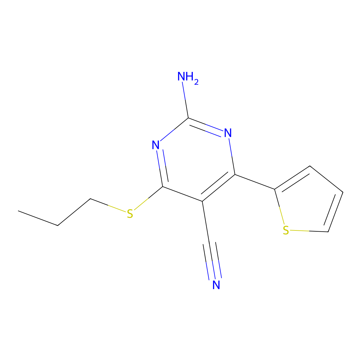 2-Amino-4-(propylsulfanyl)-6-(2-thienyl)-5-pyrimidinecarbonitrile molecular structure, CAS 478067-19-5