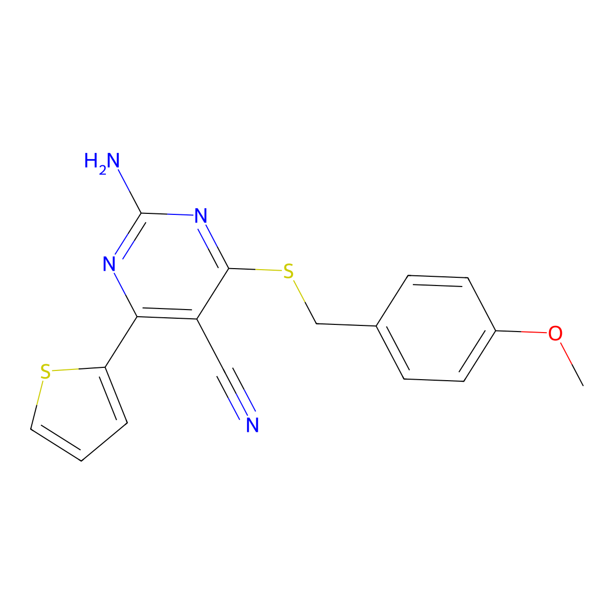 2-Amino-4-[(4-methoxybenzyl)sulfanyl]-6-(2-thienyl)-5-pyrimidinecarbonitrile molecular structure, CAS 478067-20-8