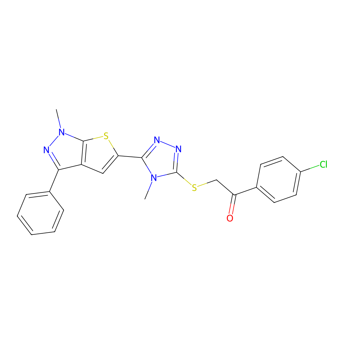 1-(4-chlorophenyl)-2-{[4-methyl-5-(1-methyl-3-phenyl-1H-thieno[2,3-c]pyrazol-5-yl)-4H-1,2,4-triazol-3-yl]sulfanyl}-1-ethanone molecular structure, CAS 478067-21-9