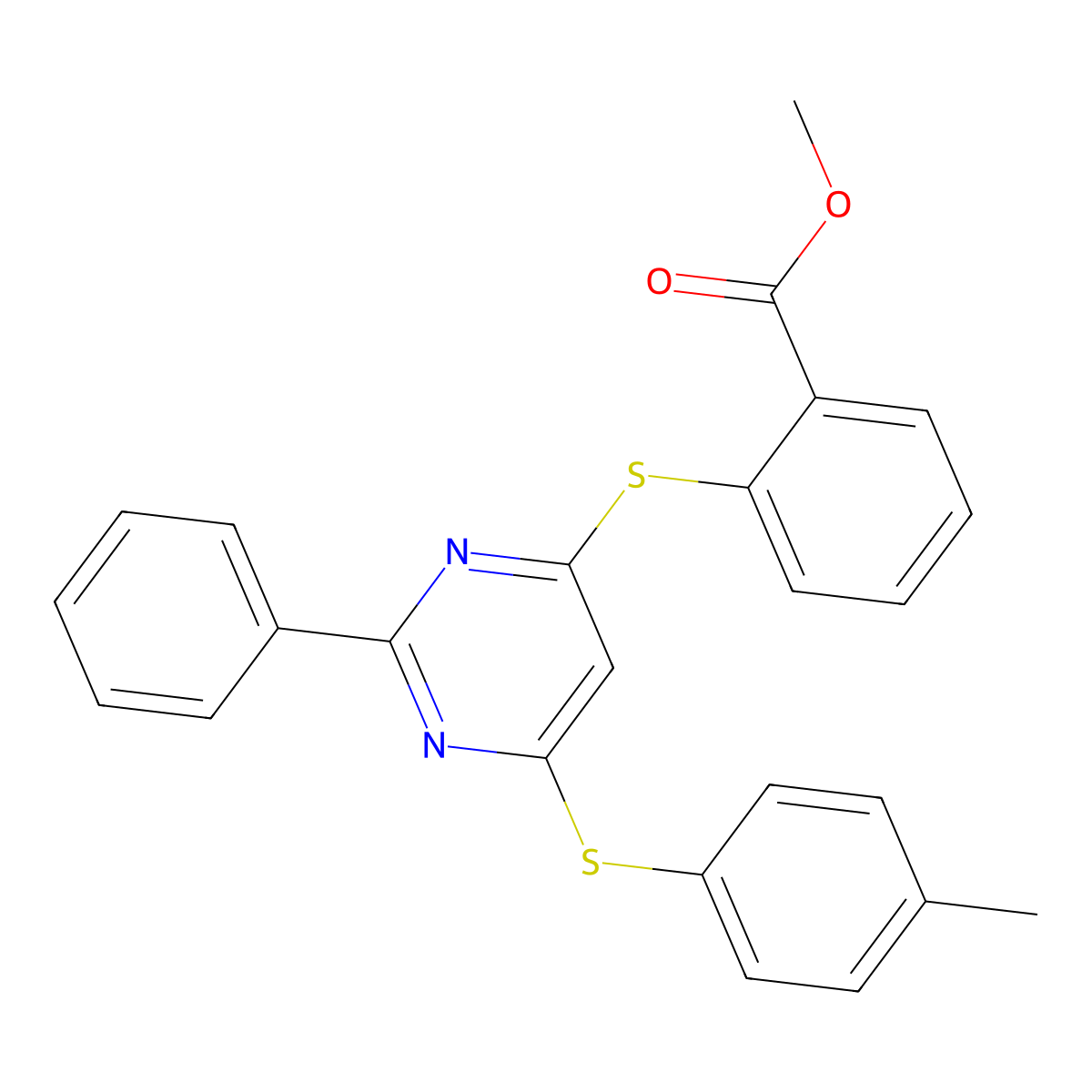 Methyl 2-({6-[(4-methylphenyl)sulfanyl]-2-phenyl-4-pyrimidinyl}sulfanyl)benzenecarboxylate molecular structure, CAS 478067-35-5