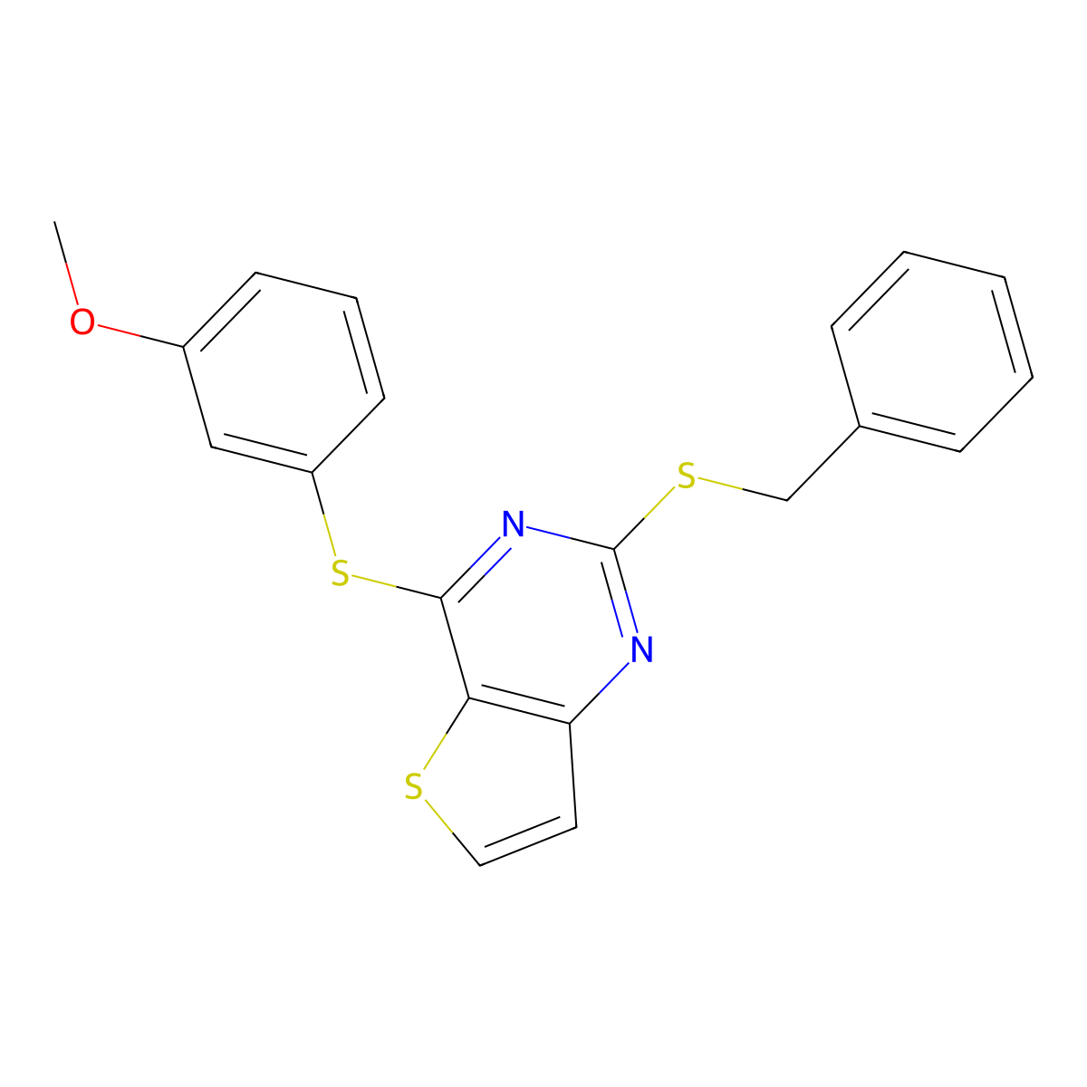 2-(Benzylsulfanyl)-4-[(3-methoxyphenyl)sulfanyl]thieno[3,2-d]pyrimidine molecular structure, CAS 478067-43-5