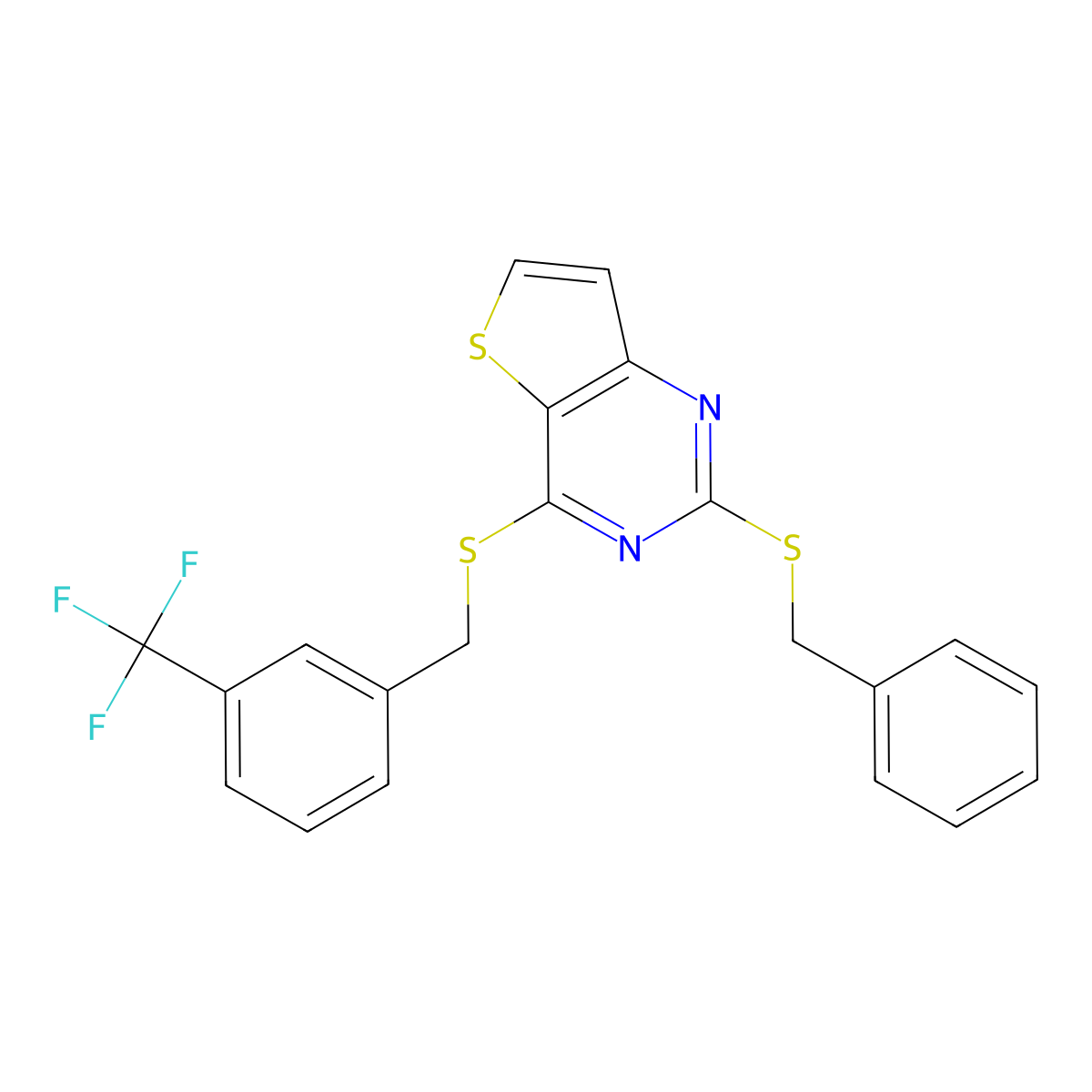 2-(Benzylsulfanyl)-4-{[3-(trifluoromethyl)benzyl]sulfanyl}thieno[3,2-d]pyrimidine molecular structure, CAS 478067-44-6
