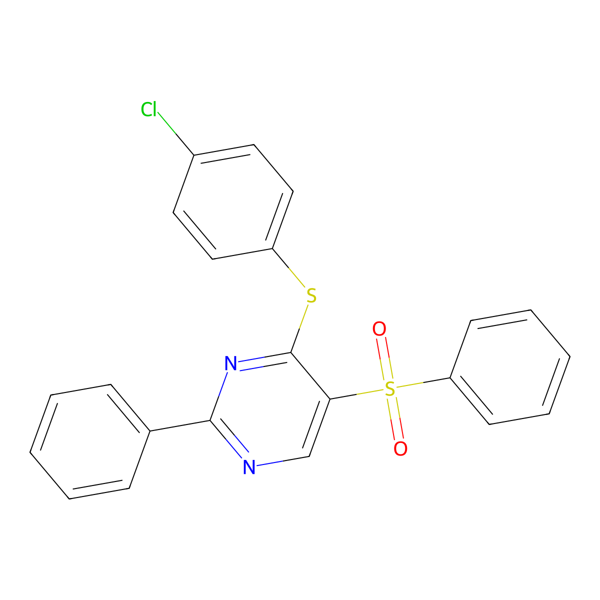 4-[(4-Chlorophenyl)sulfanyl]-2-phenyl-5-pyrimidinyl phenyl sulfone molecular structure, CAS 478067-74-2