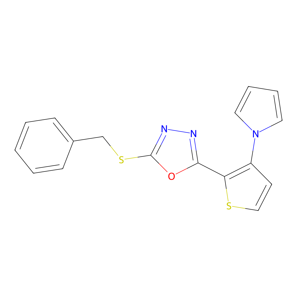 2-(benzylsulfanyl)-5-[3-(1H-pyrrol-1-yl)-2-thienyl]-1,3,4-oxadiazole molecular structure, CAS 478077-12-2