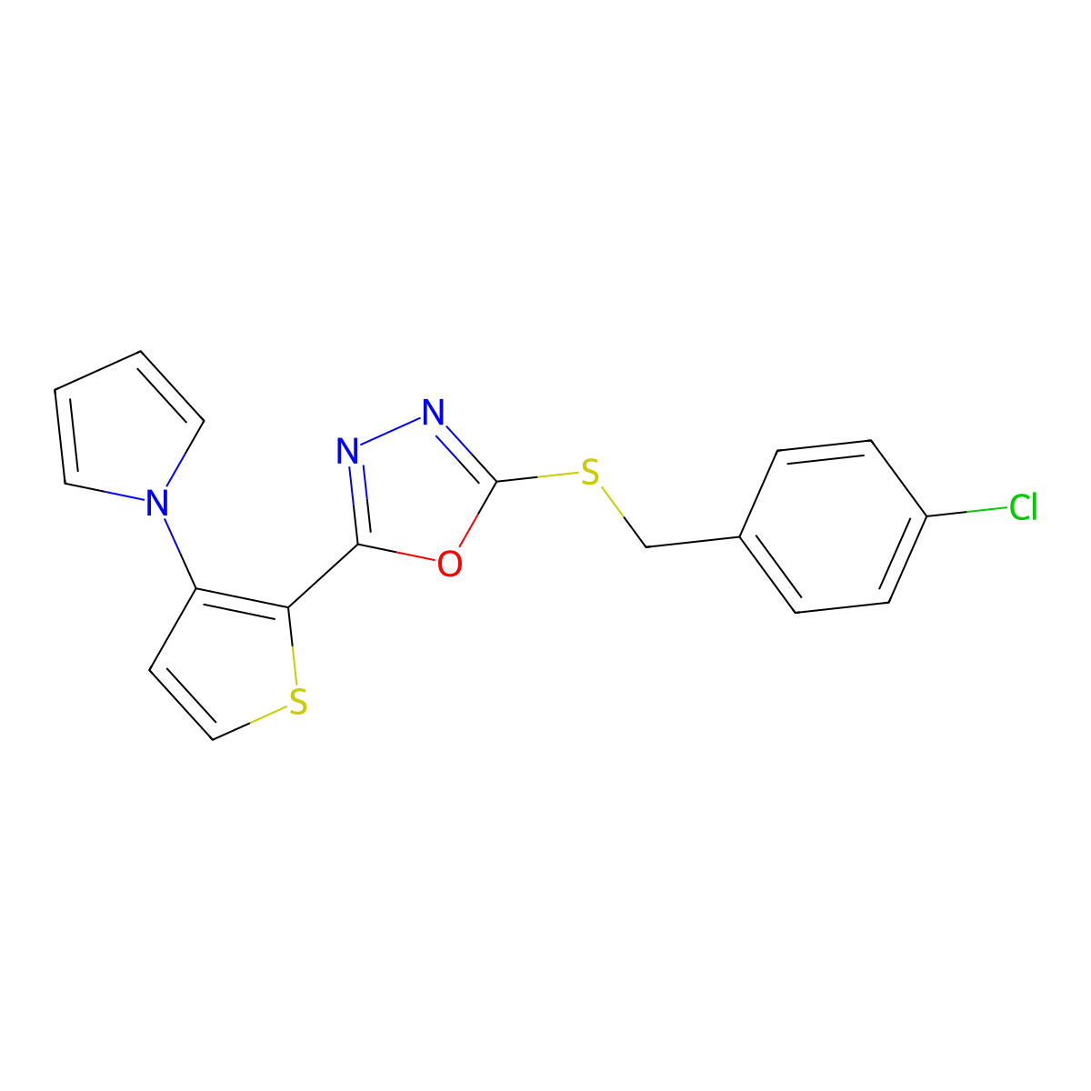 4-chlorobenzyl 5-[3-(1H-pyrrol-1-yl)-2-thienyl]-1,3,4-oxadiazol-2-yl sulfide molecular structure, CAS 478077-28-0
