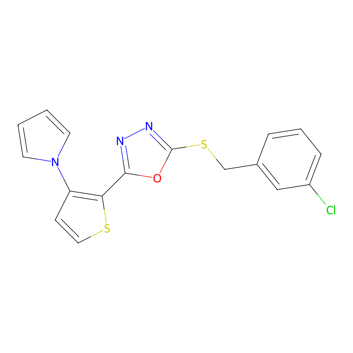 3-chlorobenzyl 5-[3-(1H-pyrrol-1-yl)-2-thienyl]-1,3,4-oxadiazol-2-yl sulfide molecular structure, CAS 478077-34-8