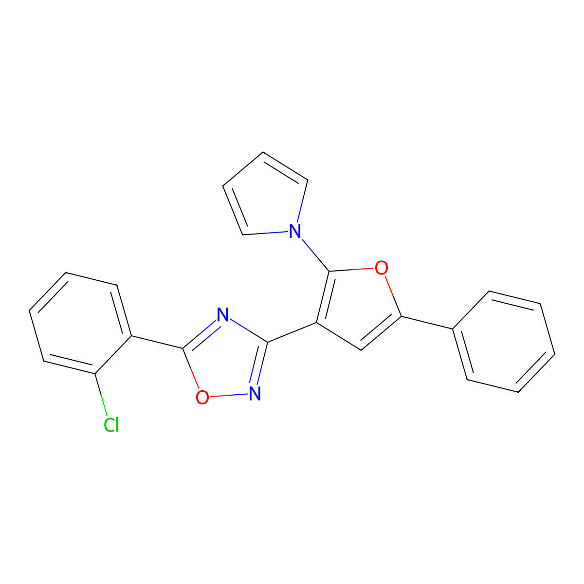 5-(2-chlorophenyl)-3-[5-phenyl-2-(1H-pyrrol-1-yl)-3-furyl]-1,2,4-oxadiazole molecular structure, CAS 478077-53-1