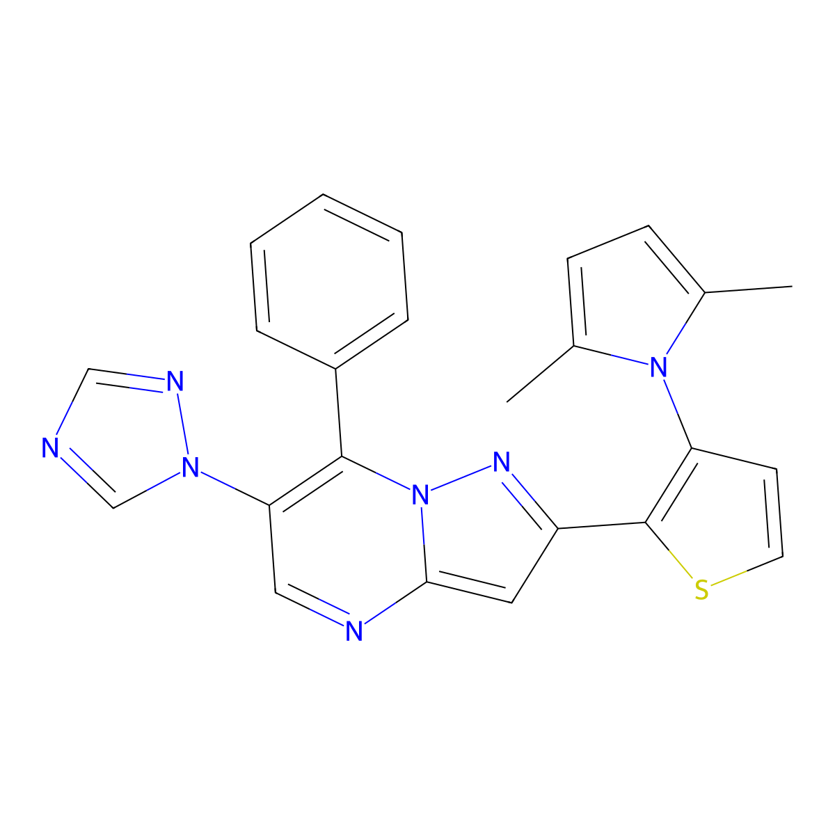 2-[3-(2,5-dimethyl-1H-pyrrol-1-yl)-2-thienyl]-7-phenyl-6-(1H-1,2,4-triazol-1-yl)pyrazolo[1,5-a]pyrimidine molecular structure, CAS 478078-17-0