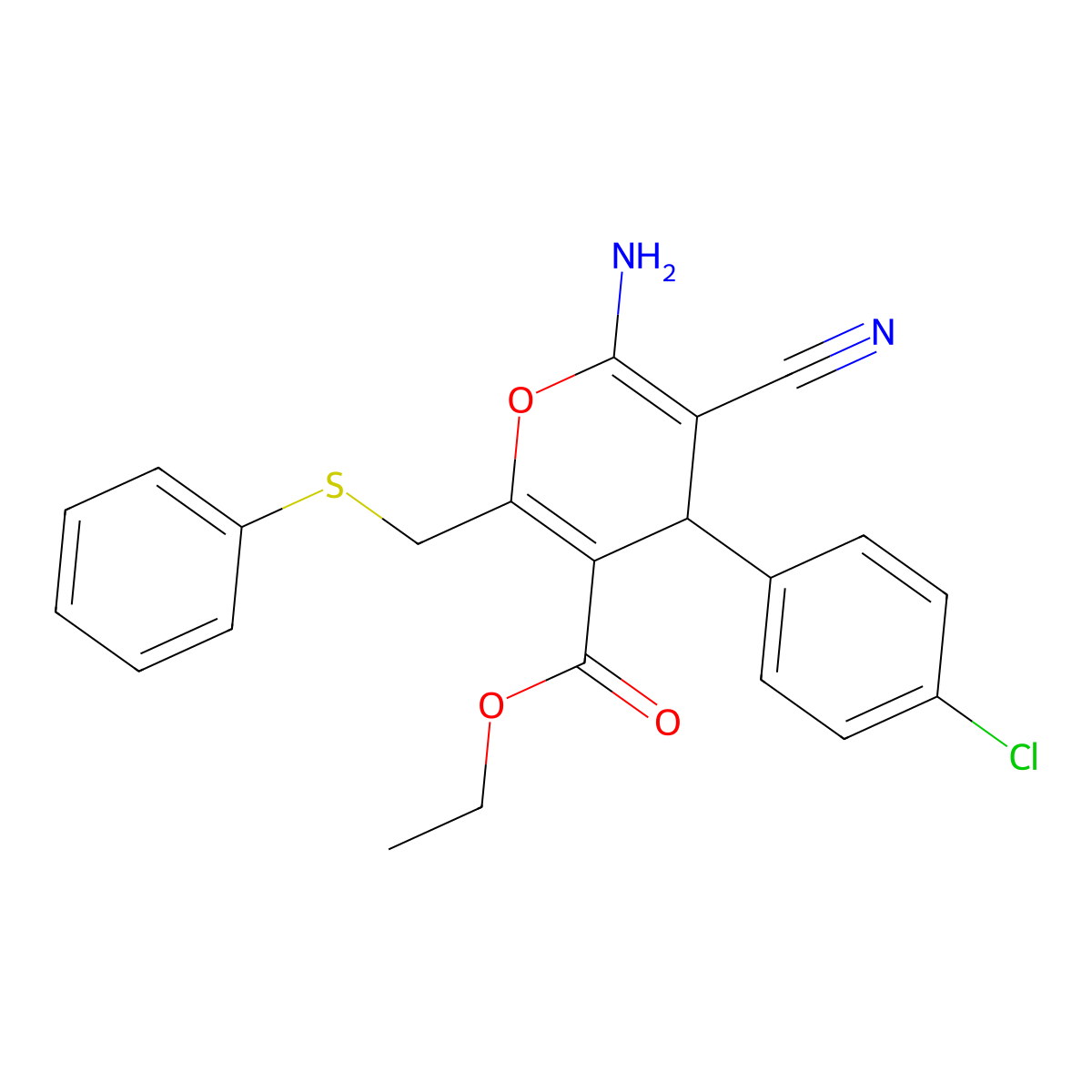 ethyl 6-amino-4-(4-chlorophenyl)-5-cyano-2-[(phenylsulfanyl)methyl]-4H-pyran-3-carboxylate molecular structure, CAS 478079-18-4