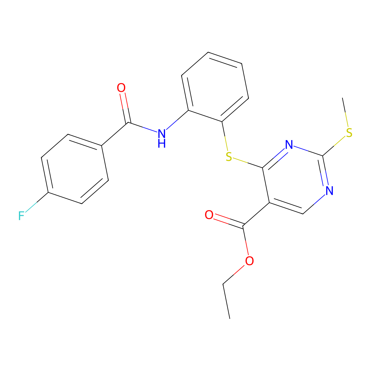 Ethyl 4-({2-[(4-fluorobenzoyl)amino]phenyl}sulfanyl)-2-(methylsulfanyl)-5-pyrimidinecarboxylate molecular structure, CAS 478079-36-6