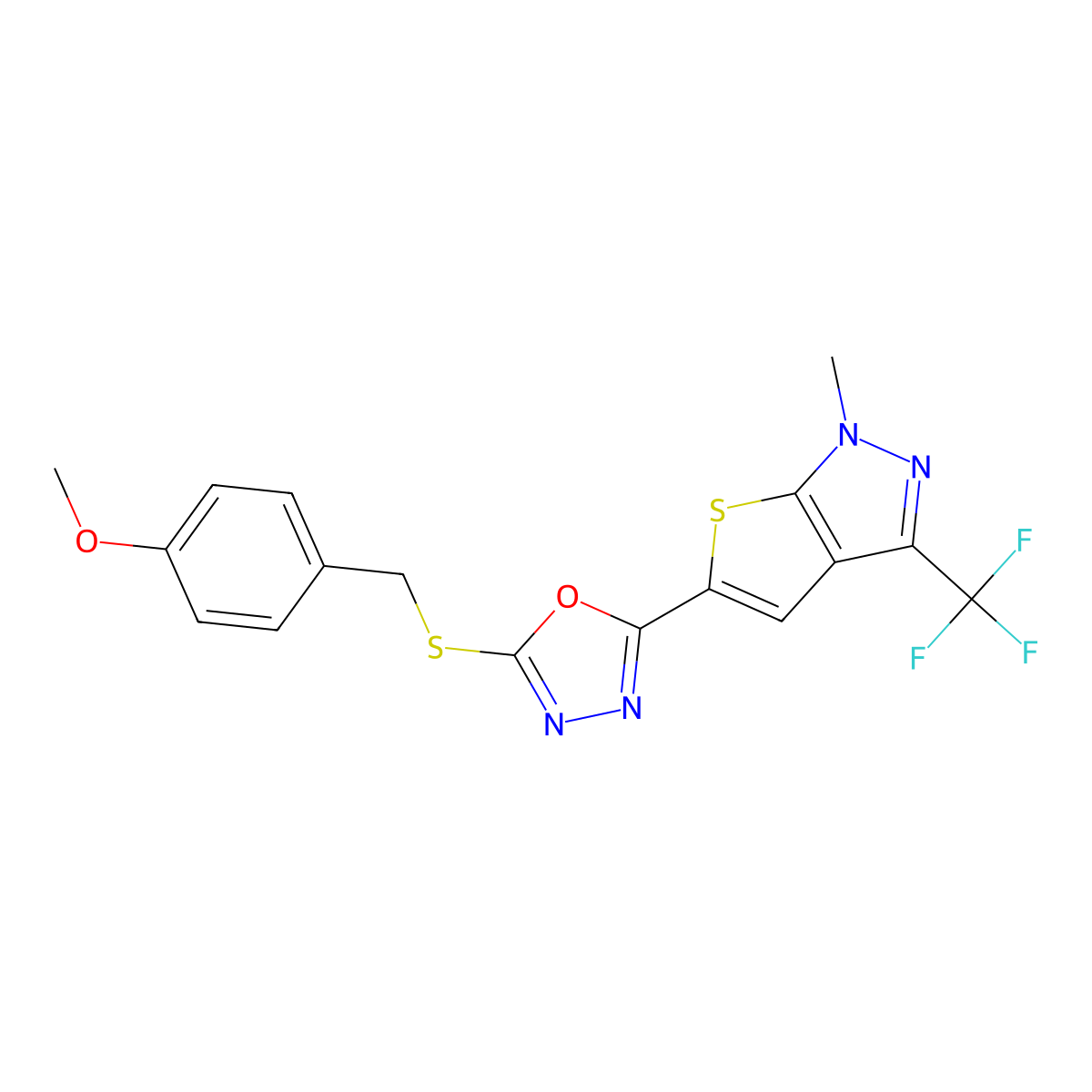 5-{5-[(4-methoxybenzyl)sulfanyl]-1,3,4-oxadiazol-2-yl}-1-methyl-3-(trifluoromethyl)-1H-thieno[2,3-c]pyrazole molecular structure, CAS 478080-22-7