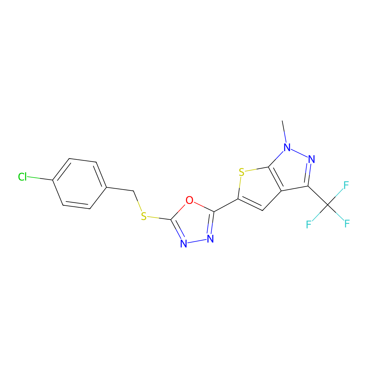 5-{5-[(4-chlorobenzyl)sulfanyl]-1,3,4-oxadiazol-2-yl}-1-methyl-3-(trifluoromethyl)-1H-thieno[2,3-c]pyrazole molecular structure, CAS 478080-23-8