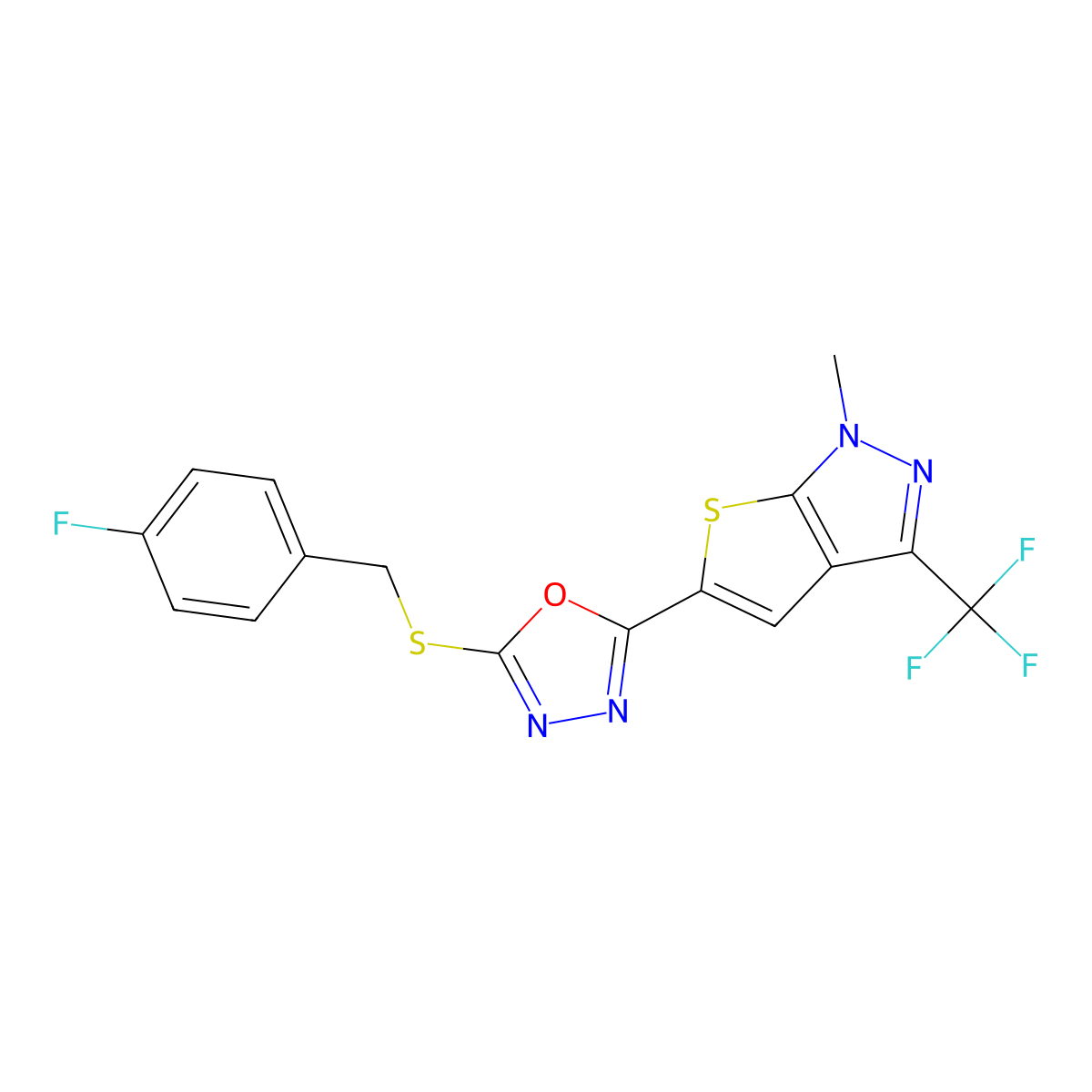 5-{5-[(4-fluorobenzyl)sulfanyl]-1,3,4-oxadiazol-2-yl}-1-methyl-3-(trifluoromethyl)-1H-thieno[2,3-c]pyrazole molecular structure, CAS 478080-24-9