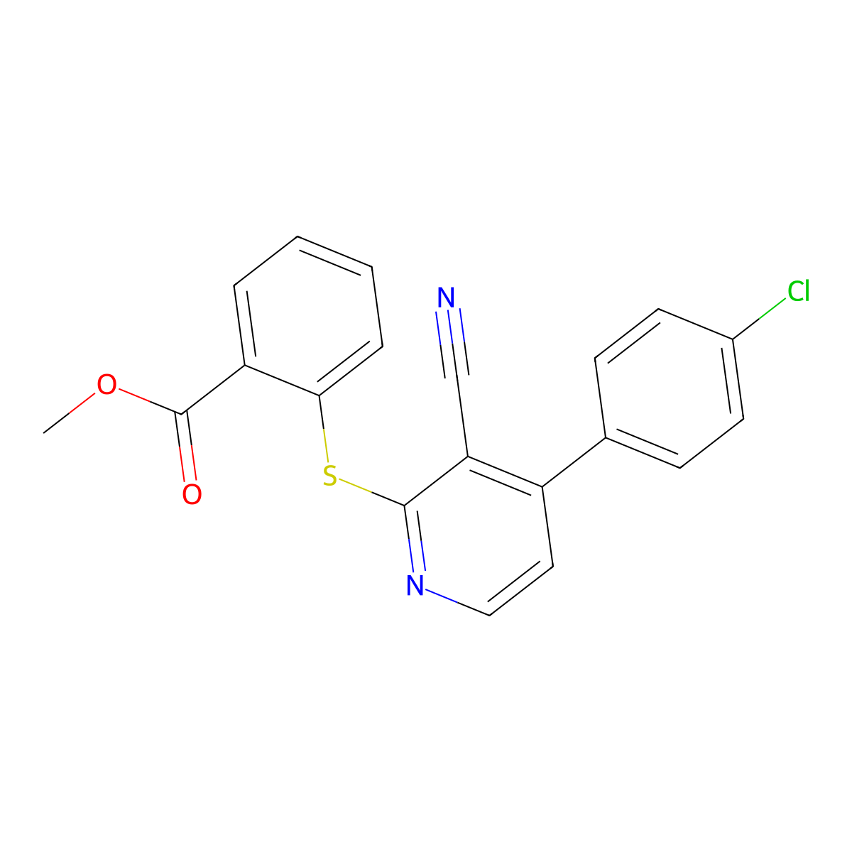 Methyl 2-{[4-(4-chlorophenyl)-3-cyano-2-pyridinyl]sulfanyl}benzenecarboxylate molecular structure, CAS 478080-47-6