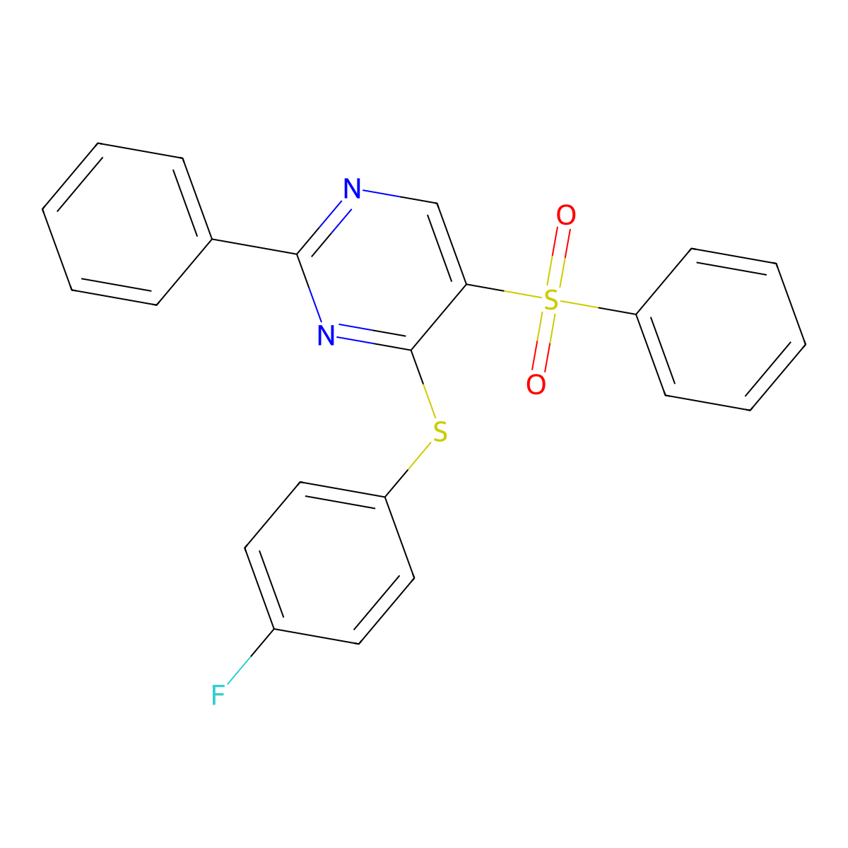 4-[(4-Fluorophenyl)sulfanyl]-2-phenyl-5-pyrimidinyl phenyl sulfone molecular structure, CAS 478081-01-5