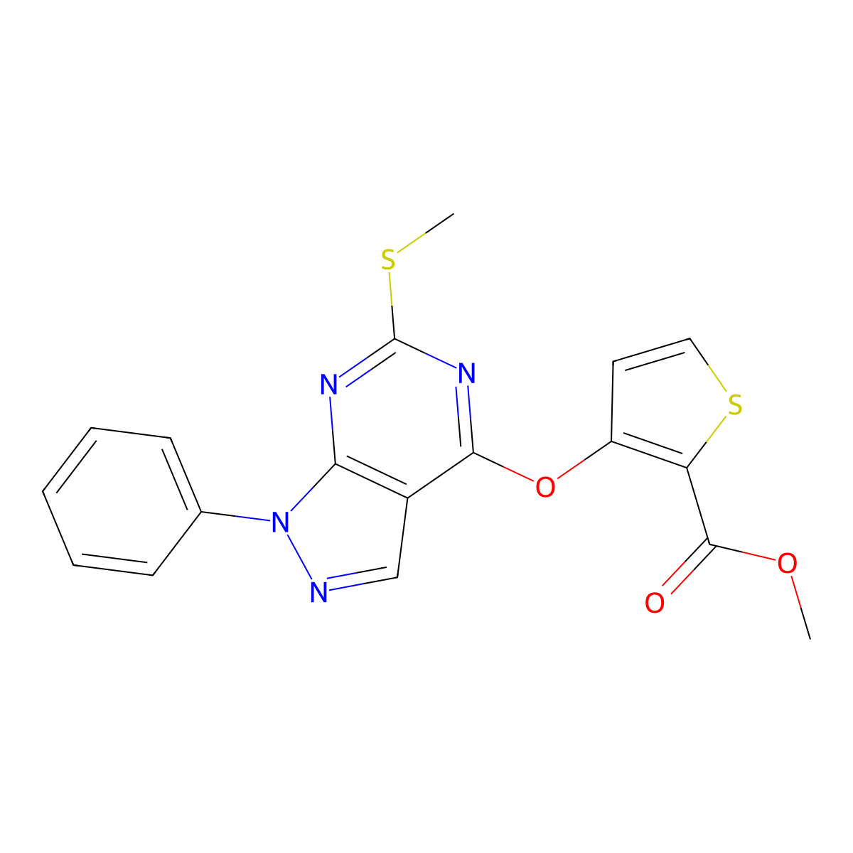 methyl 3-{[6-(methylsulfanyl)-1-phenyl-1H-pyrazolo[3,4-d]pyrimidin-4-yl]oxy}-2-thiophenecarboxylate molecular structure, CAS 478081-03-7
