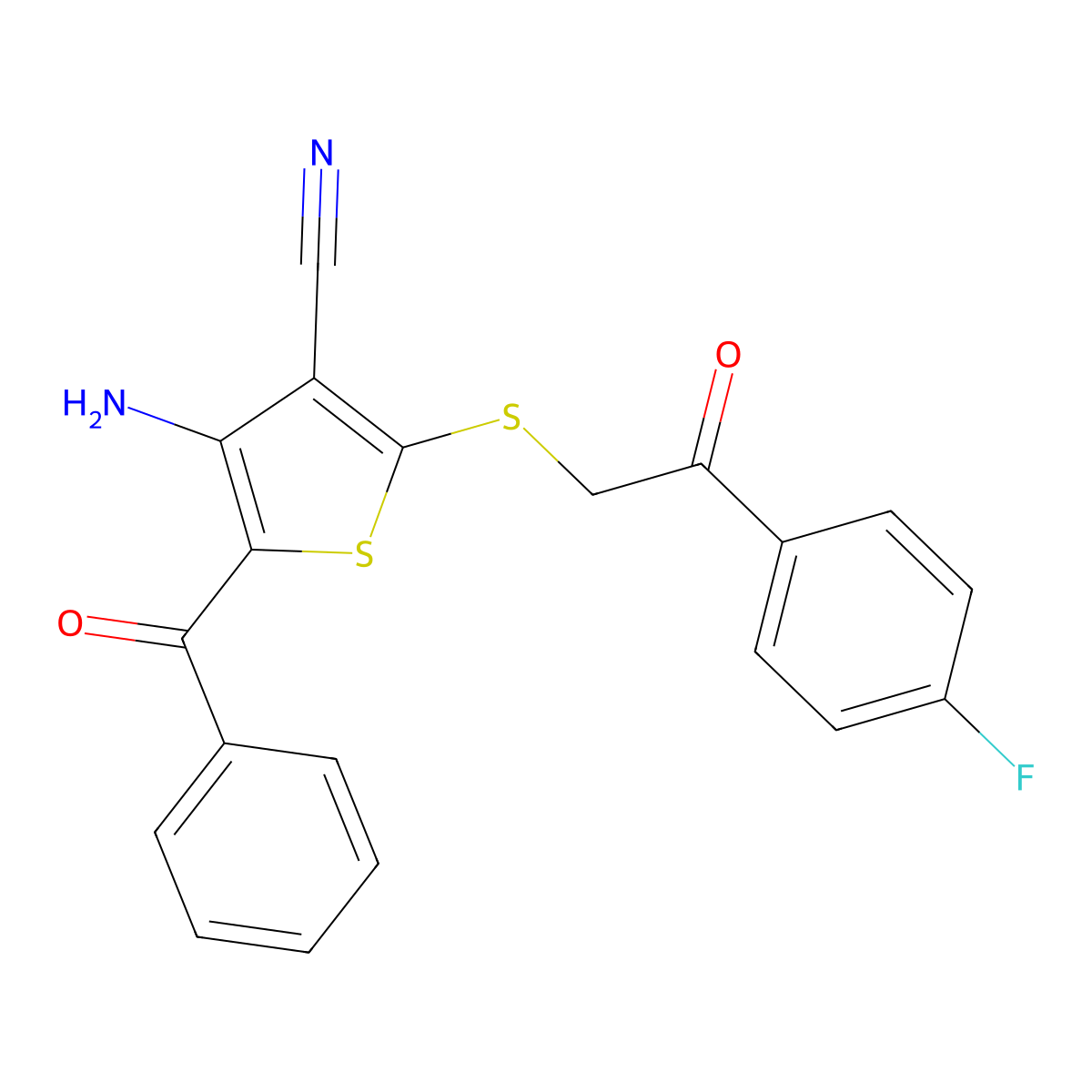 4-Amino-5-benzoyl-2-{[2-(4-fluorophenyl)-2-oxoethyl]sulfanyl}-3-thiophenecarbonitrile molecular structure, CAS 478081-63-9