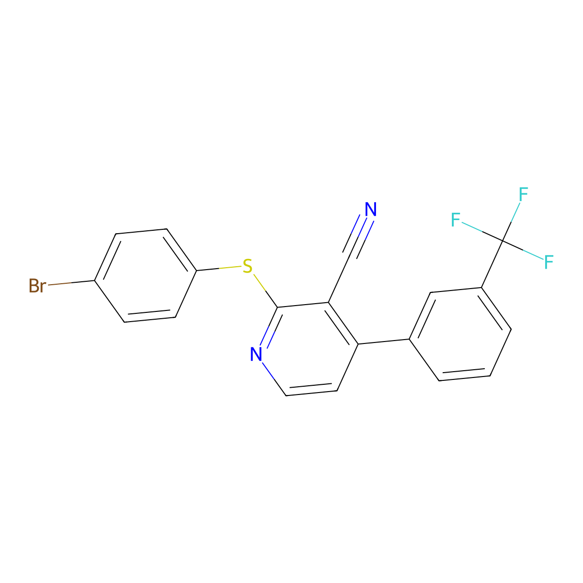 2-[(4-Bromophenyl)sulfanyl]-4-[3-(trifluoromethyl)phenyl]nicotinonitrile molecular structure, CAS 478245-72-6