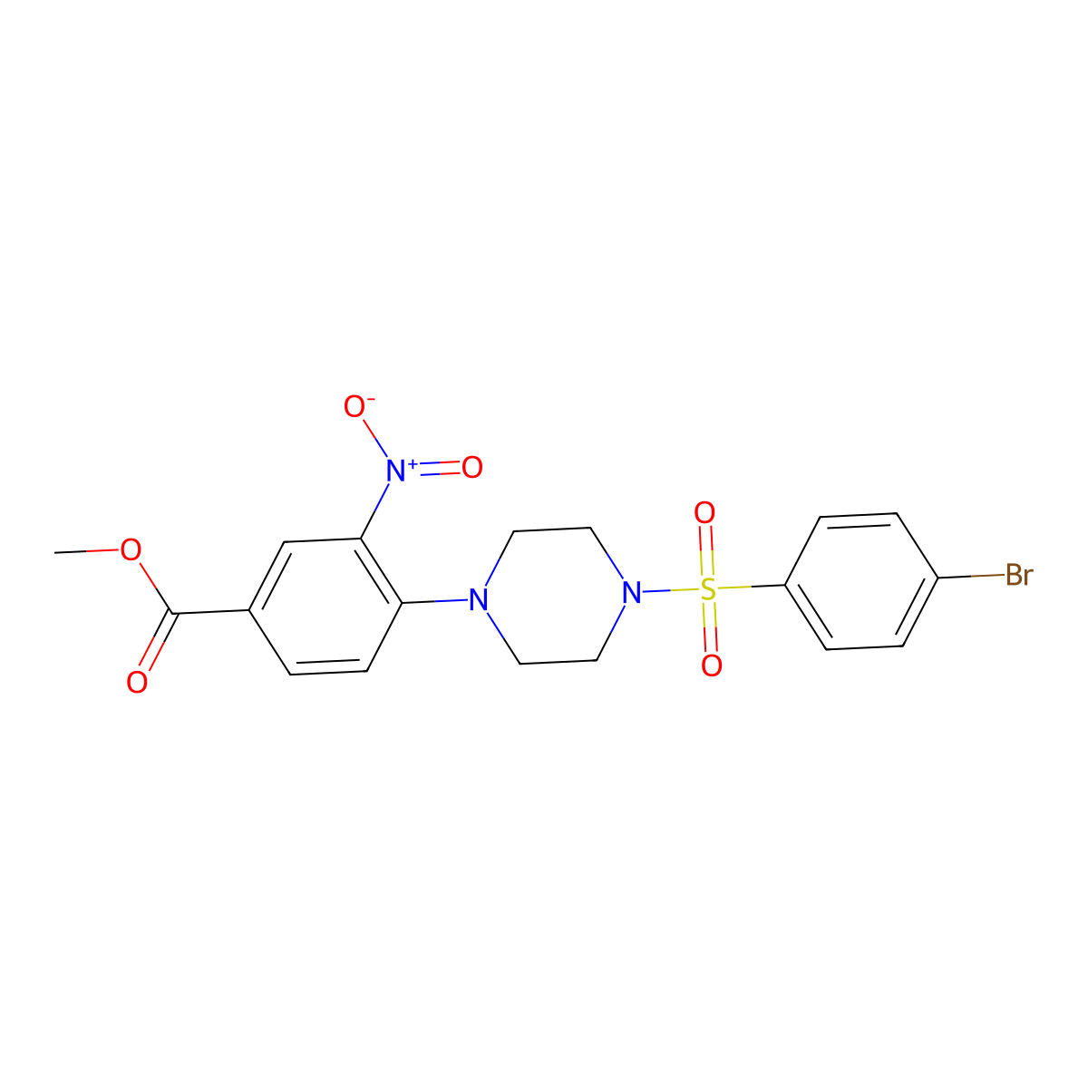 Methyl 4-{4-[(4-bromophenyl)sulfonyl]piperazino}-3-nitrobenzenecarboxylate molecular structure, CAS 478246-39-8