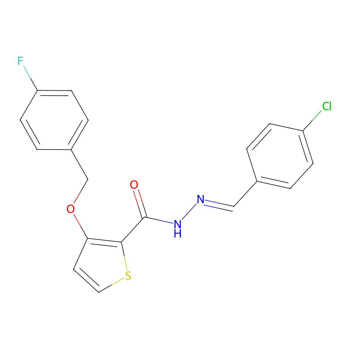 N'-[(E)-(4-chlorophenyl)methylidene]-3-[(4-fluorobenzyl)oxy]-2-thiophenecarbohydrazide molecular structure, CAS 478246-50-3