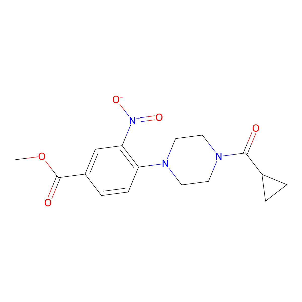 Methyl 4-[4-(cyclopropylcarbonyl)piperazino]-3-nitrobenzenecarboxylate molecular structure, CAS 478246-56-9