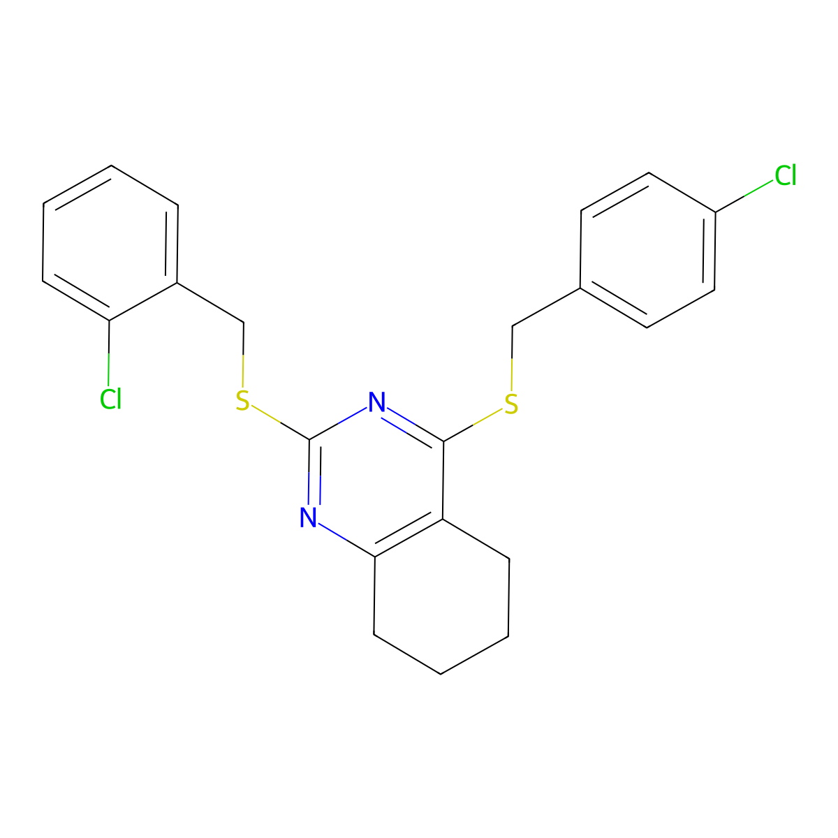 2-Chlorobenzyl 4-[(4-chlorobenzyl)sulfanyl]-5,6,7,8-tetrahydro-2-quinazolinyl sulfide molecular structure, CAS 478246-70-7