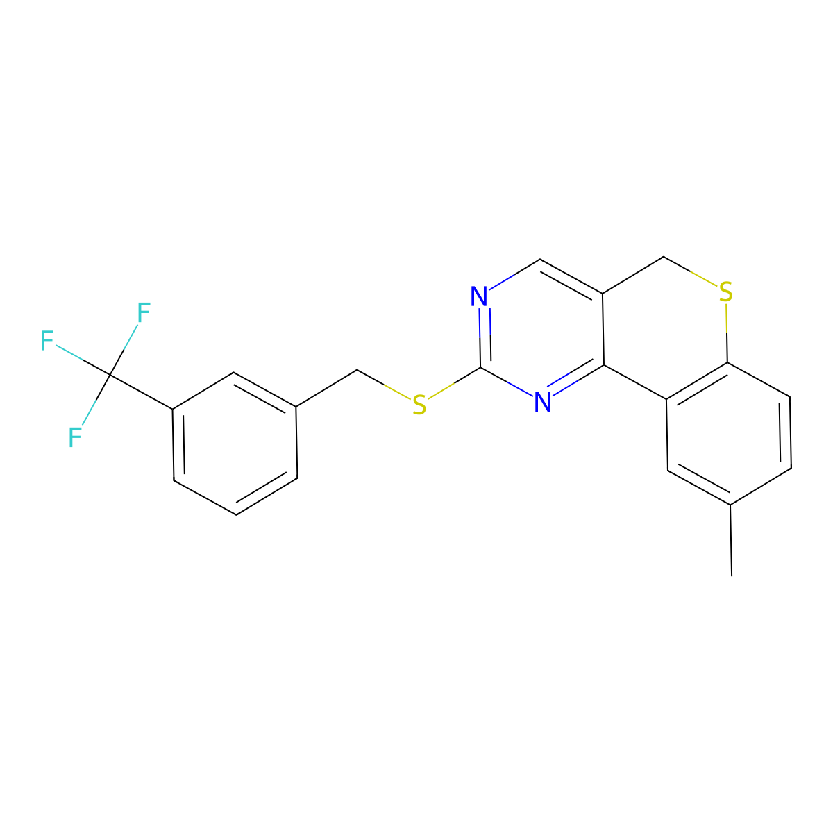 9-methyl-2-{[3-(trifluoromethyl)benzyl]sulfanyl}-5H-thiochromeno[4,3-d]pyrimidine molecular structure, CAS 478246-84-3