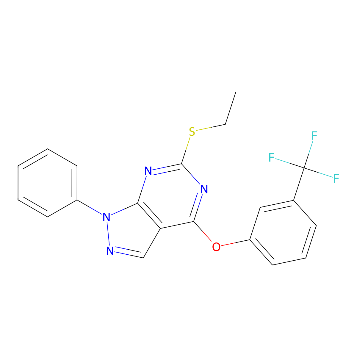 6-(ethylsulfanyl)-1-phenyl-1H-pyrazolo[3,4-d]pyrimidin-4-yl 3-(trifluoromethyl)phenyl ether molecular structure, CAS 478247-50-6