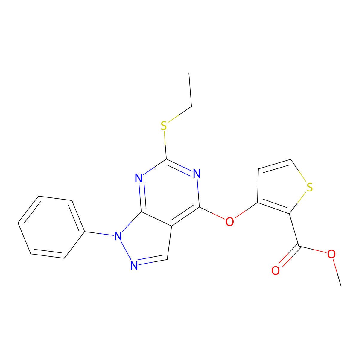 methyl 3-{[6-(ethylsulfanyl)-1-phenyl-1H-pyrazolo[3,4-d]pyrimidin-4-yl]oxy}-2-thiophenecarboxylate molecular structure, CAS 478247-51-7