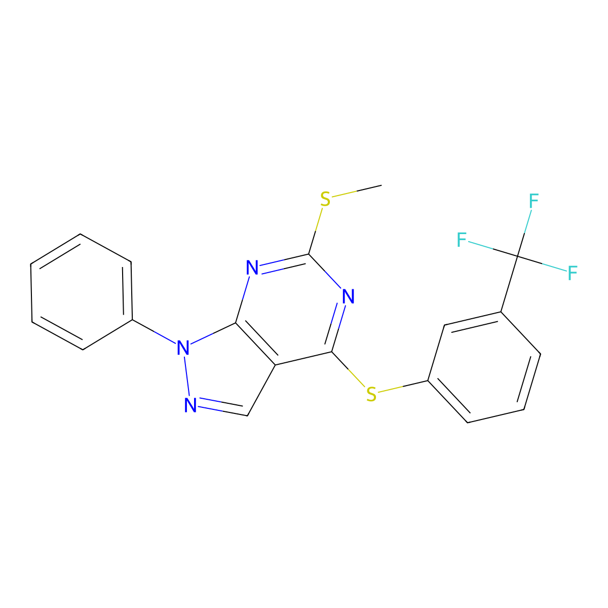 methyl 1-phenyl-4-{[3-(trifluoromethyl)phenyl]sulfanyl}-1H-pyrazolo[3,4-d]pyrimidin-6-yl sulfide molecular structure, CAS 478247-56-2