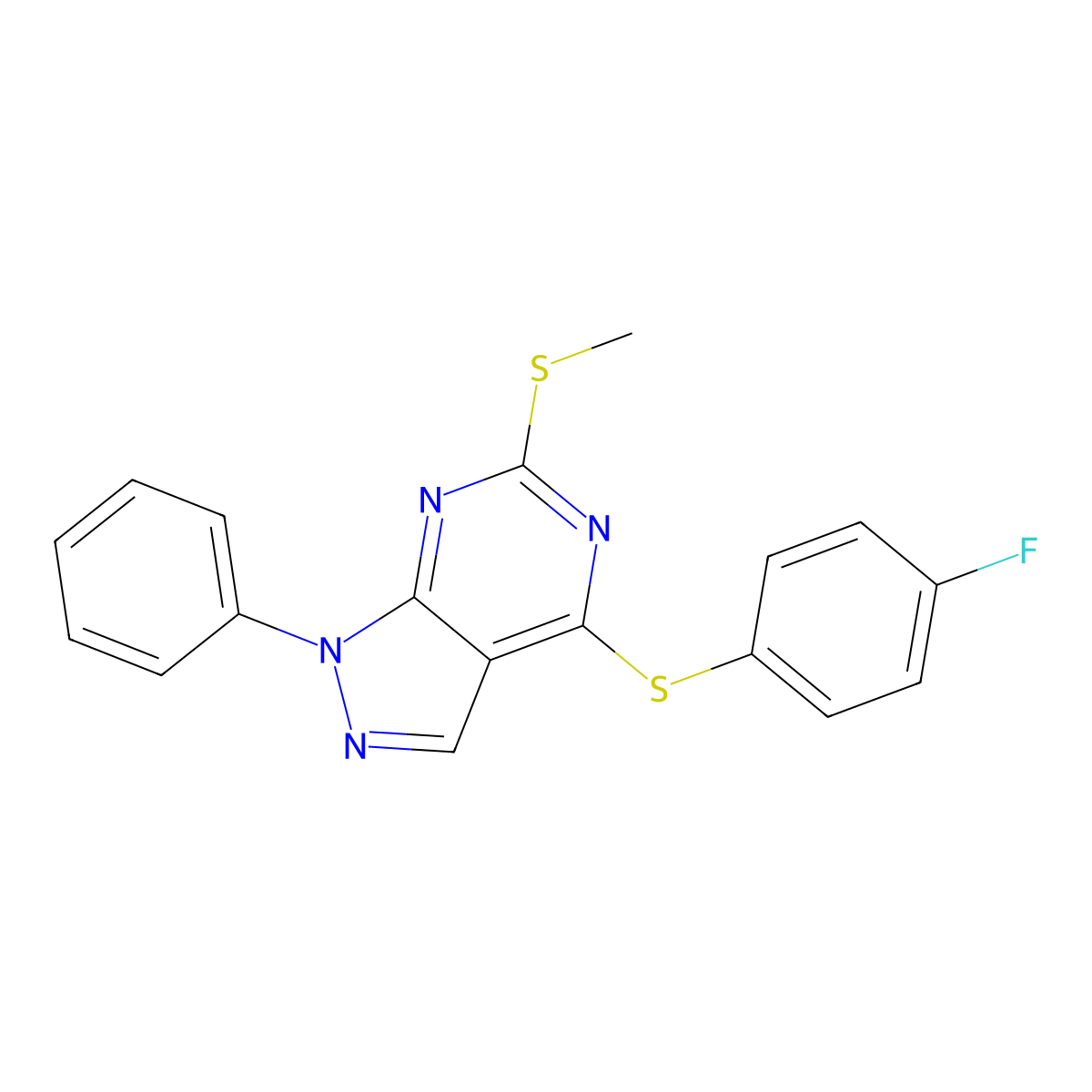 4-fluorophenyl 6-(methylsulfanyl)-1-phenyl-1H-pyrazolo[3,4-d]pyrimidin-4-yl sulfide molecular structure, CAS 478247-58-4