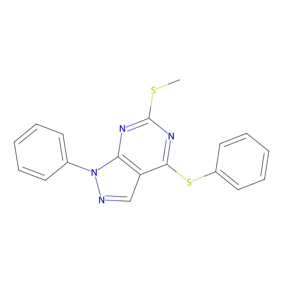 methyl 1-phenyl-4-(phenylsulfanyl)-1H-pyrazolo[3,4-d]pyrimidin-6-yl sulfide molecular structure, CAS 478247-60-8