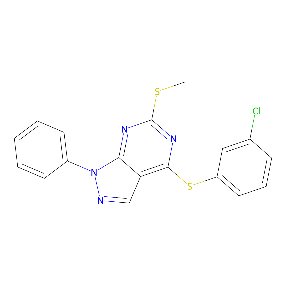3-chlorophenyl 6-(methylsulfanyl)-1-phenyl-1H-pyrazolo[3,4-d]pyrimidin-4-yl sulfide molecular structure, CAS 478247-61-9