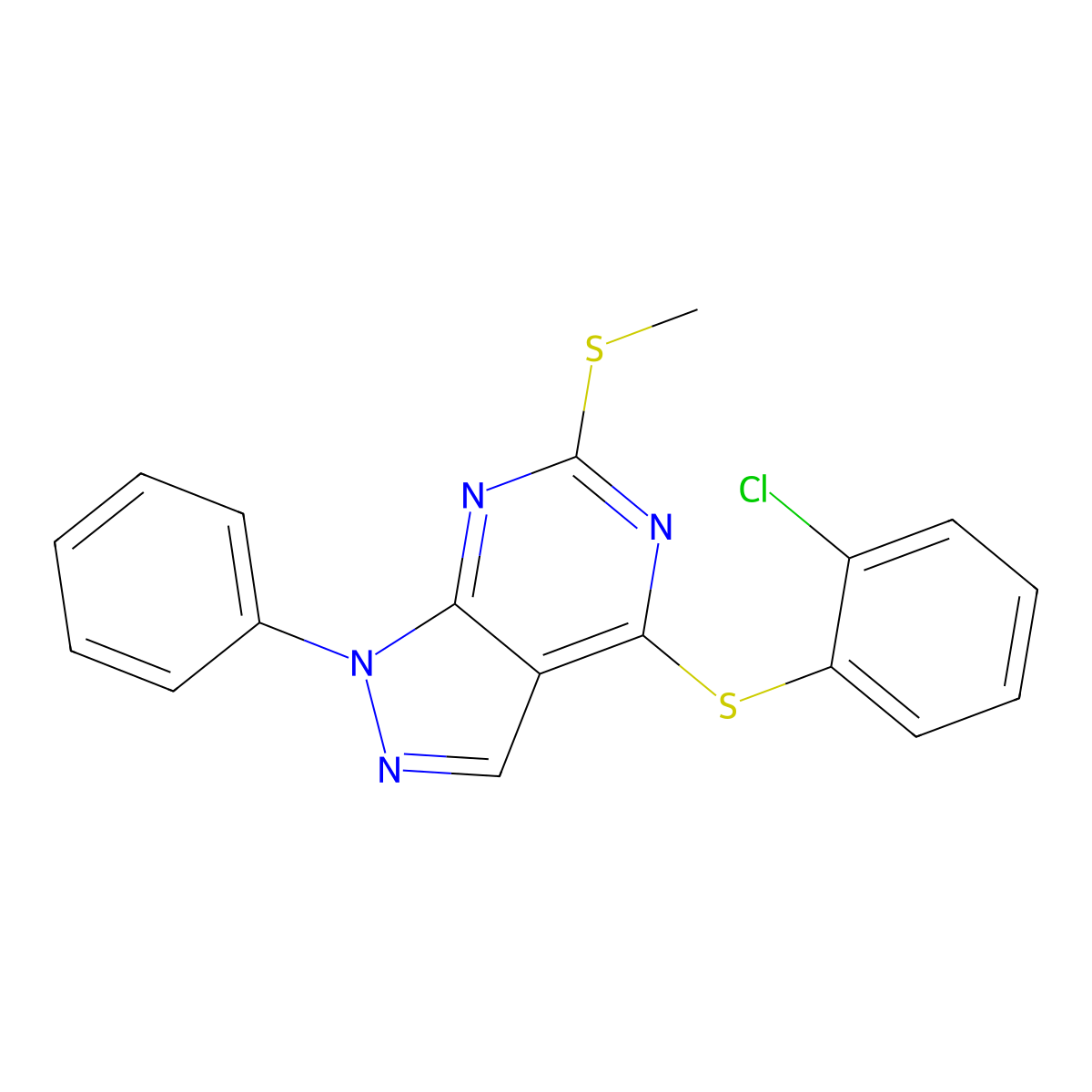 2-chlorophenyl 6-(methylsulfanyl)-1-phenyl-1H-pyrazolo[3,4-d]pyrimidin-4-yl sulfide molecular structure, CAS 478247-62-0